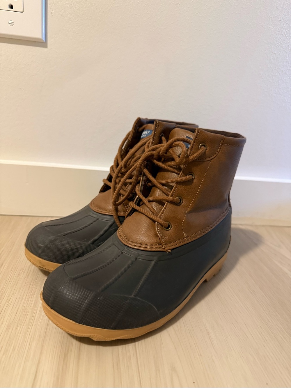 Sperry Brown Leather and Black Rubber Lace-Up Duck Boots
